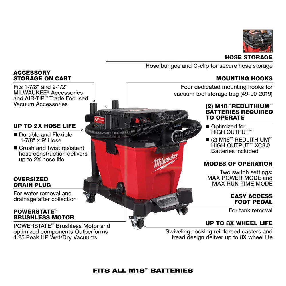 MILWAUKEE POWER TOOLS Milwakee 0920-22HD - M18 FUEL™ 9 Gallon Dual-Battery Wet/Dry Vacuum 16 MILWAUKEE POWER TOOLS Milwakee 0920-22HD - M18 FUEL™ 9 Gallon Dual-Battery Wet/Dry Vacuum