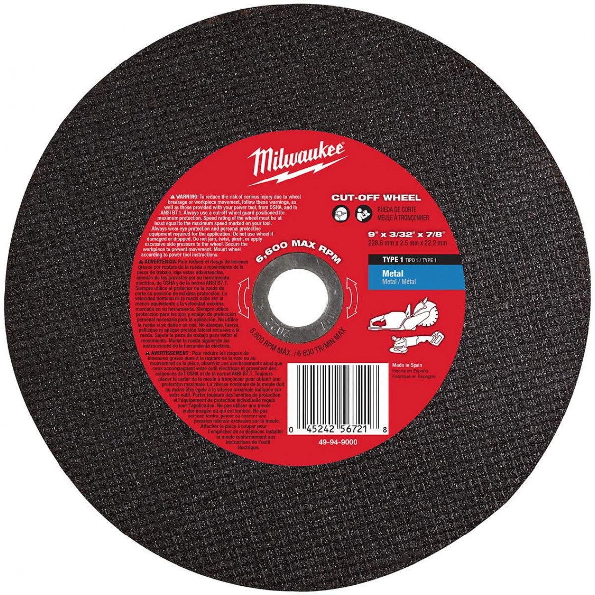 ACCESSORIES Milwaukee 49-94-9000 - MILWAUKEE 9" X 3/32" X 7/8" Metal Cut-Off Wheel 3 ACCESSORIES Milwaukee 49-94-9000 - MILWAUKEE 9" X 3/32" X 7/8" Metal Cut-Off Wheel