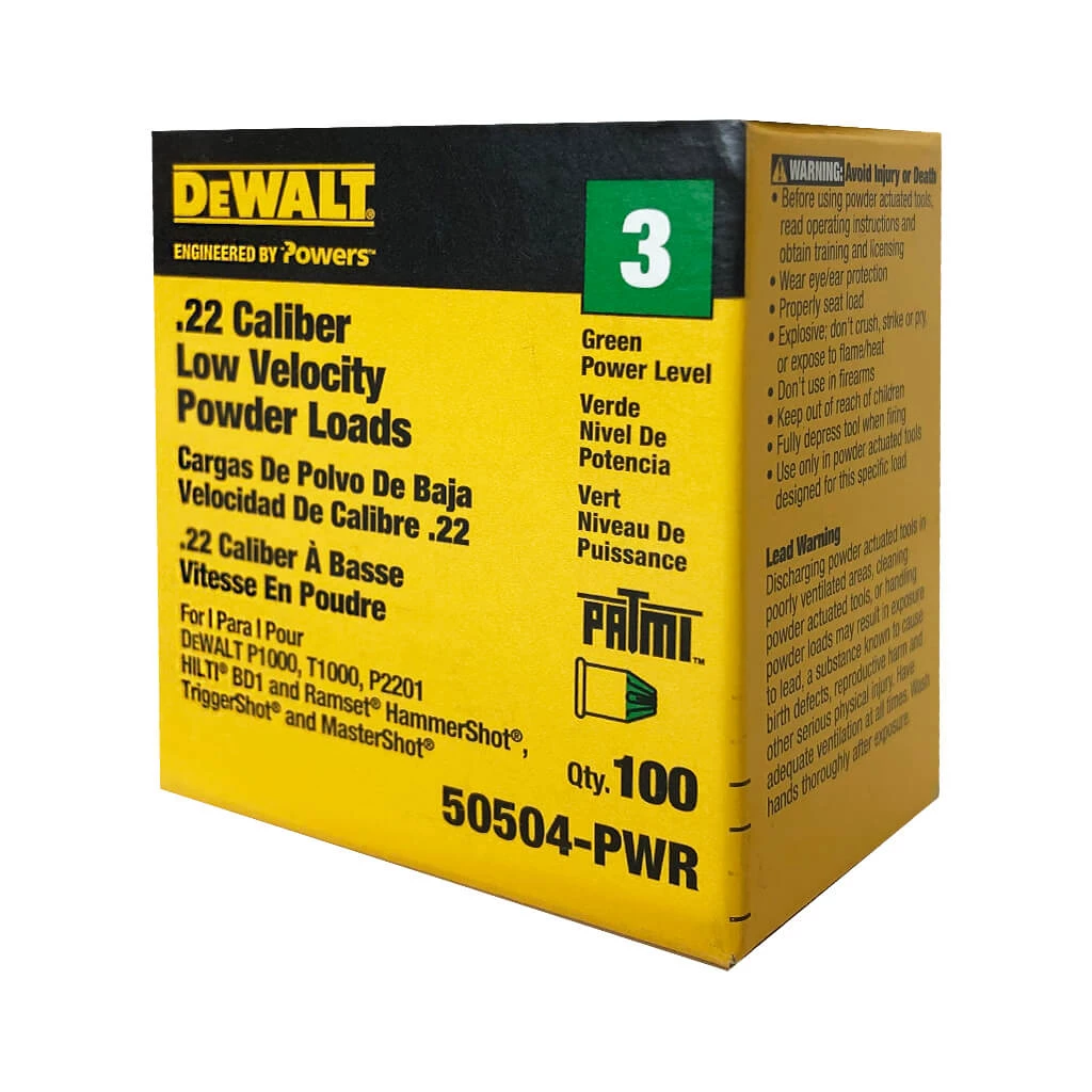 Dewalt Powers 50504 - Green .22 Caliber A Single Loads Low Velocity ACCESSORIES 4 Dewalt Powers 50504 - Green .22 Caliber A Single Loads Low Velocity ACCESSORIES