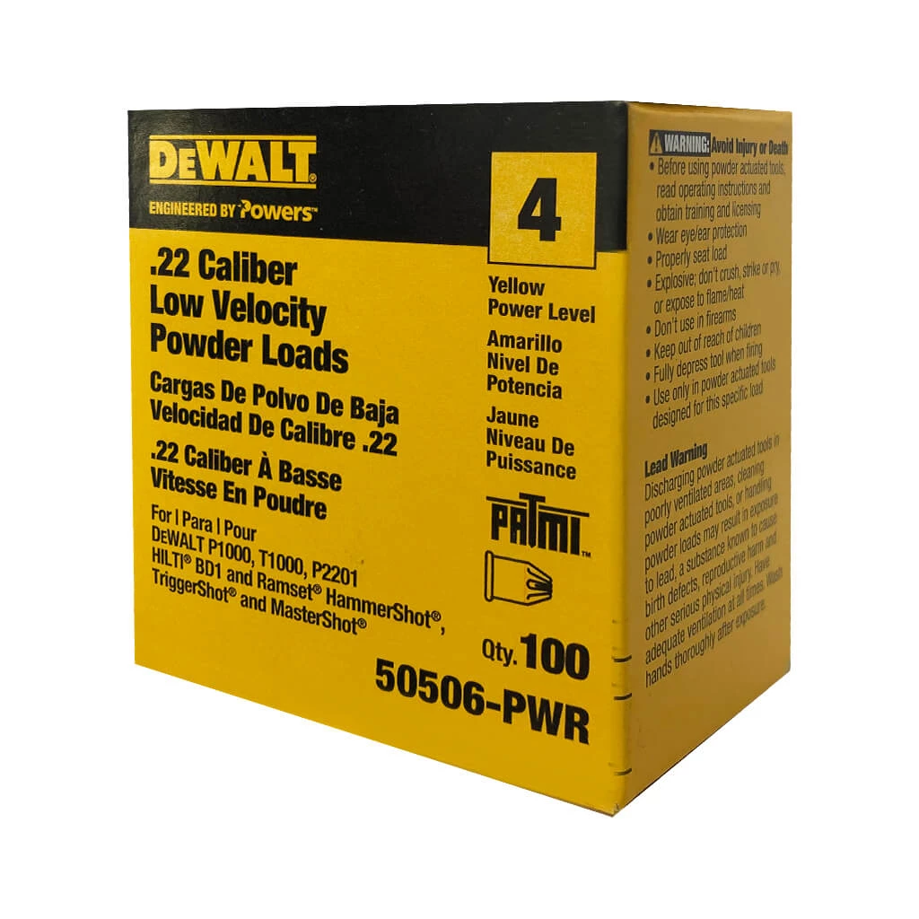 Dewalt Powers 50506 - 50506-PWR SINGLE SHOTS YELLOW .22 CAL 100PK 4 Dewalt Powers 50506 - 50506-PWR SINGLE SHOTS YELLOW .22 CAL 100PK