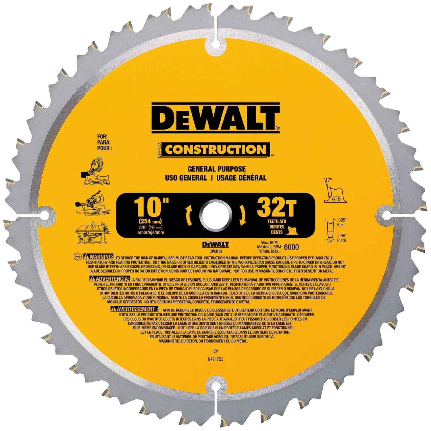 CUTTING ACCESSORIES DeWalt DW3103 General Purpose 10" 32 Tooth Blade 3 CUTTING ACCESSORIES DeWalt DW3103 General Purpose 10" 32 Tooth Blade