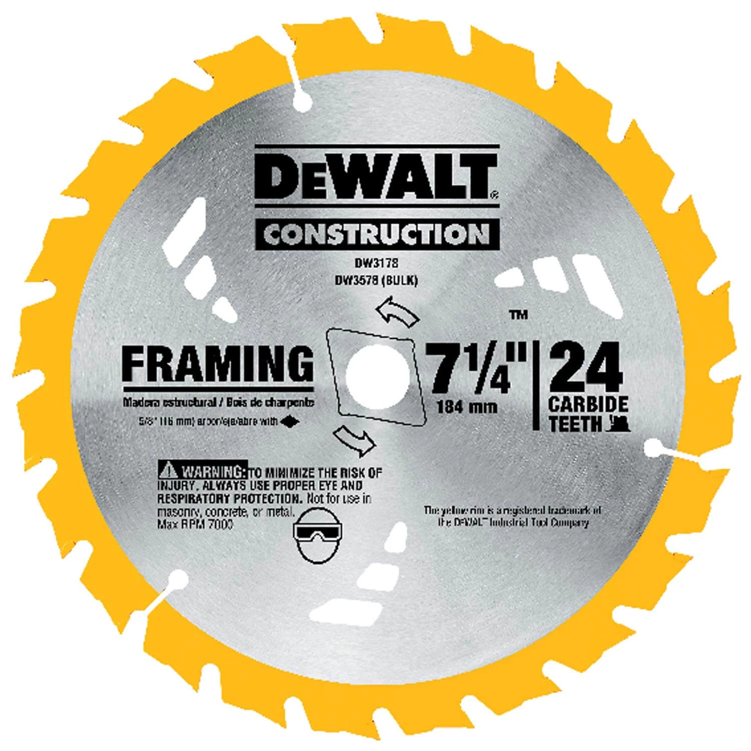 DeWalt DW3178 7 1/4" 24 Tooth Framing Saw Blade 3 DeWalt DW3178 7 1/4" 24 Tooth Framing Saw Blade
