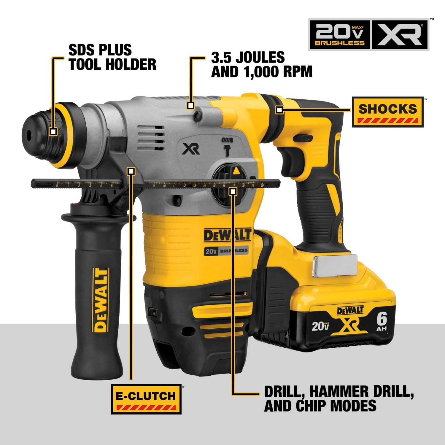 DEWALT DCH293R2 20V MAX* 1-1/8 In. XR® Brushless Cordless SDS PLUS L-Shape Rotary Hammer Kit 10 DEWALT DCH293R2 20V MAX* 1-1/8 In. XR® Brushless Cordless SDS PLUS L-Shape Rotary Hammer Kit