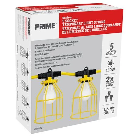 PRIME LSUGM1830 - 50ft. 12/3 SJTW Yellow 5-Light U-Ground Light String with Metal Cages | Outdoor & Indoor Use 3 Prime LSUGM1830 - 50ft. 12/3 SJTW Yellow 5-Light U-Ground Light String W/Metal Cages WHAT'S NEW