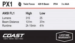 LIGHTING Coast PX1 Pure Beam Focusing Flashlight